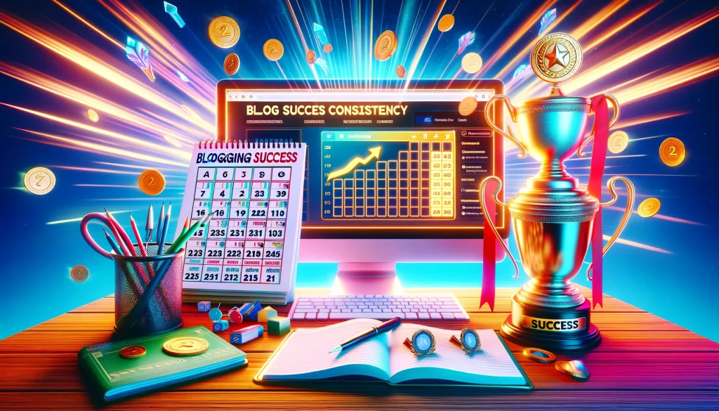 An-image-depicting-the-concept-of-blogging-success-through-consistency.-The-scene-includes-a-calendar-marked-with-regular-blog-post-dates-a-glowing-consistency