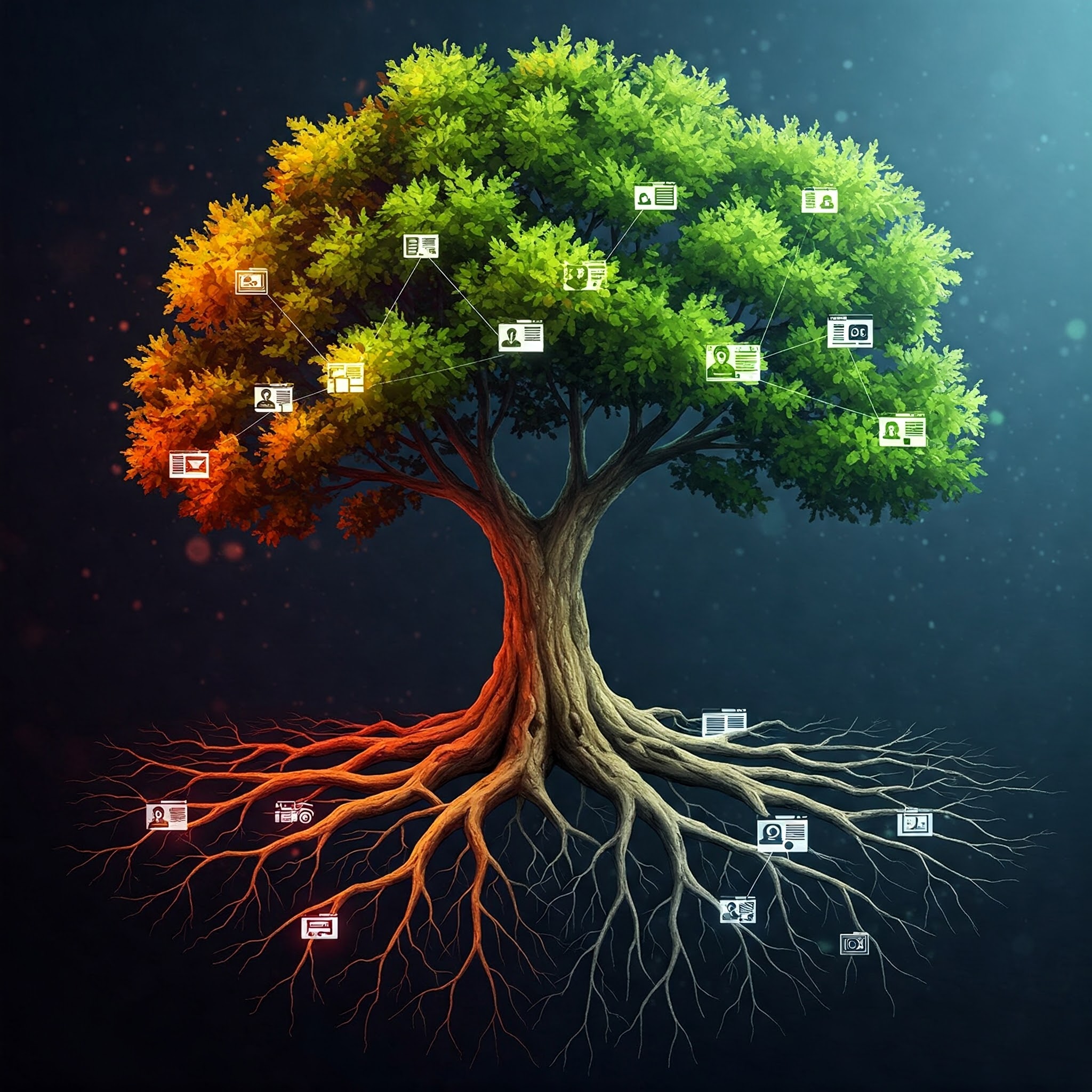 "A stylized tree with its roots representing a network of interconnected websites and links. Some roots are thick and vibrant, representing strong, authoritative backlinks, while others are thin and withered, symbolizing low-quality backlinks.