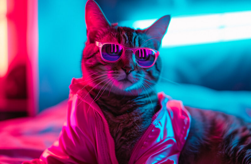 Cat wearing sunglasses in neon lights