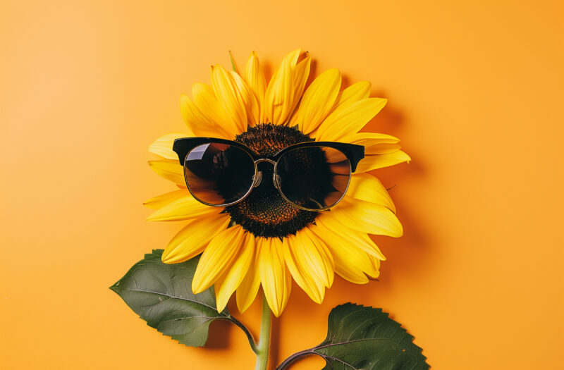 Sunflower with sunglasses on orange background.