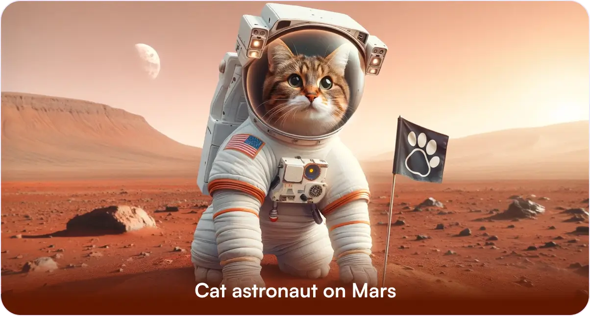 Cat in spacesuit on Mars with paw flag.