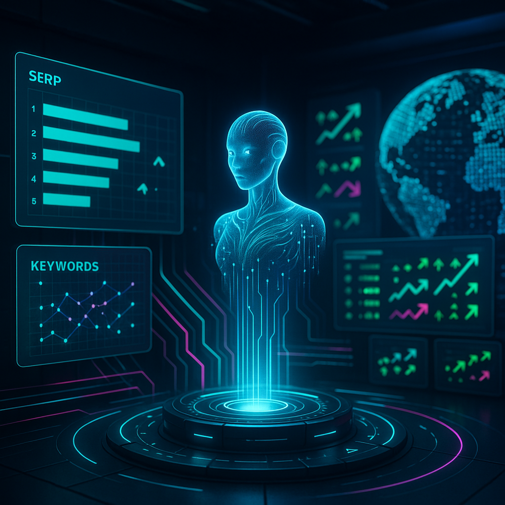 Futuristic AI analyzing SEO data with graphs.