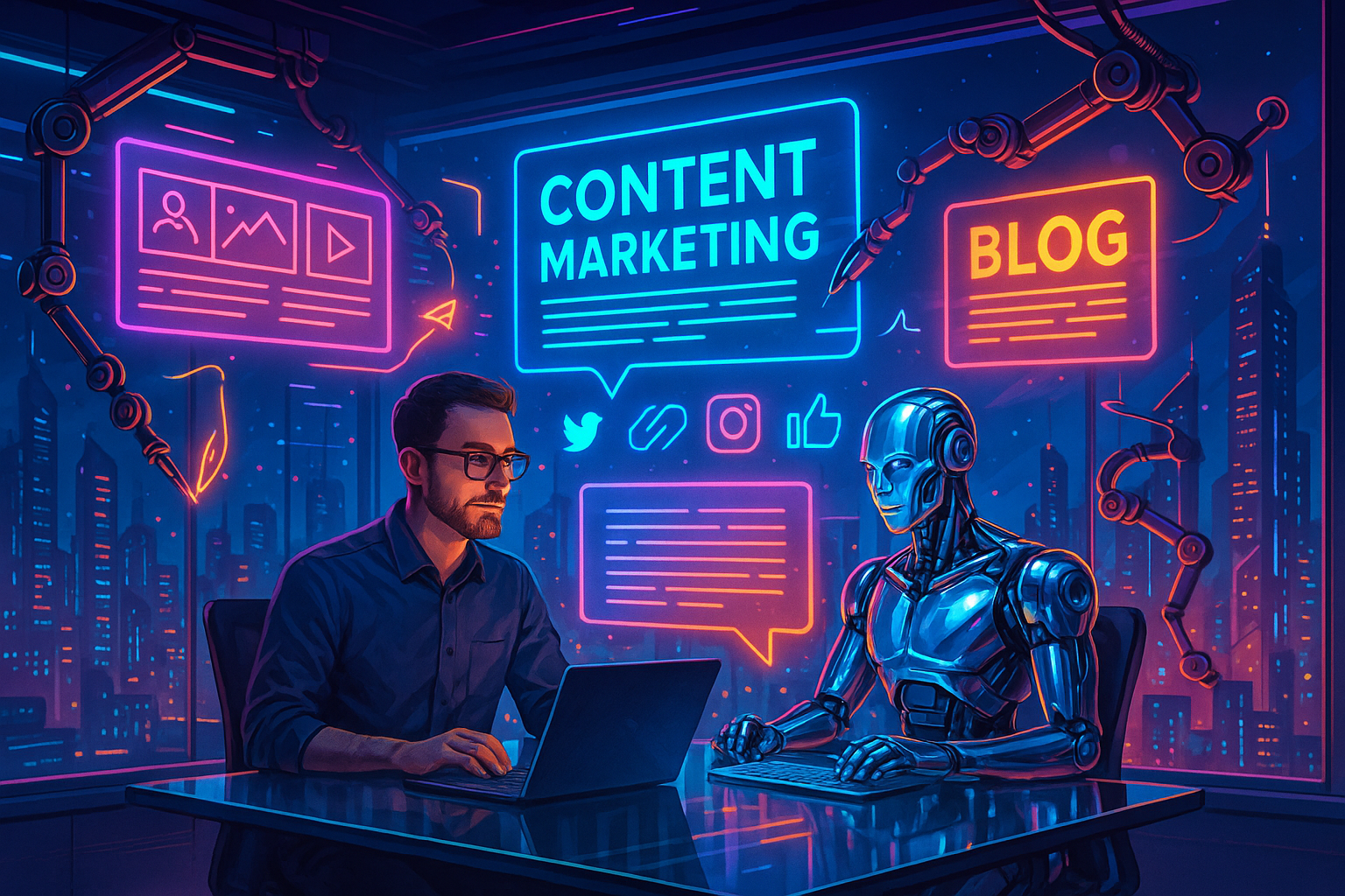 Man and robot discussing content marketing strategy.