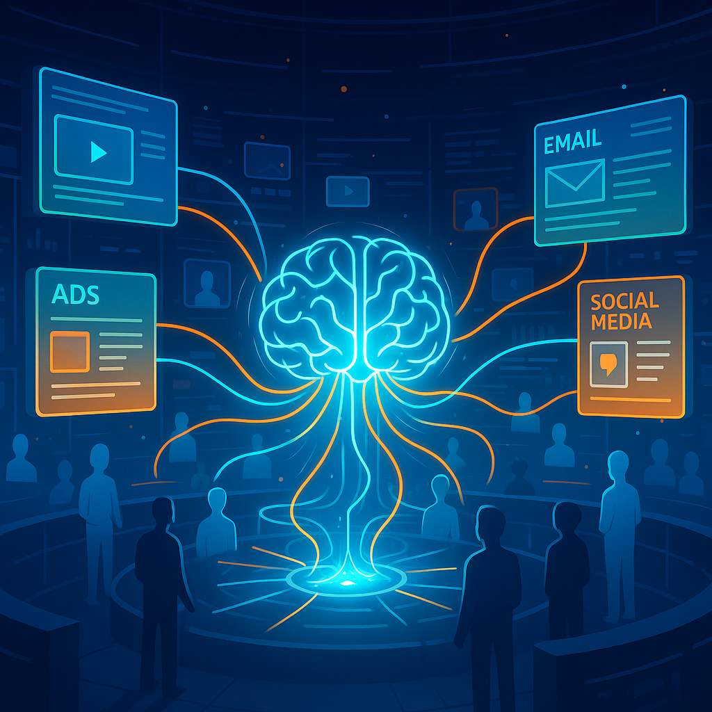 AI brain connecting ads, email, social media strategies.