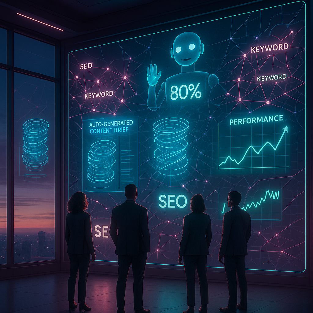 Team analyzing digital SEO performance display.