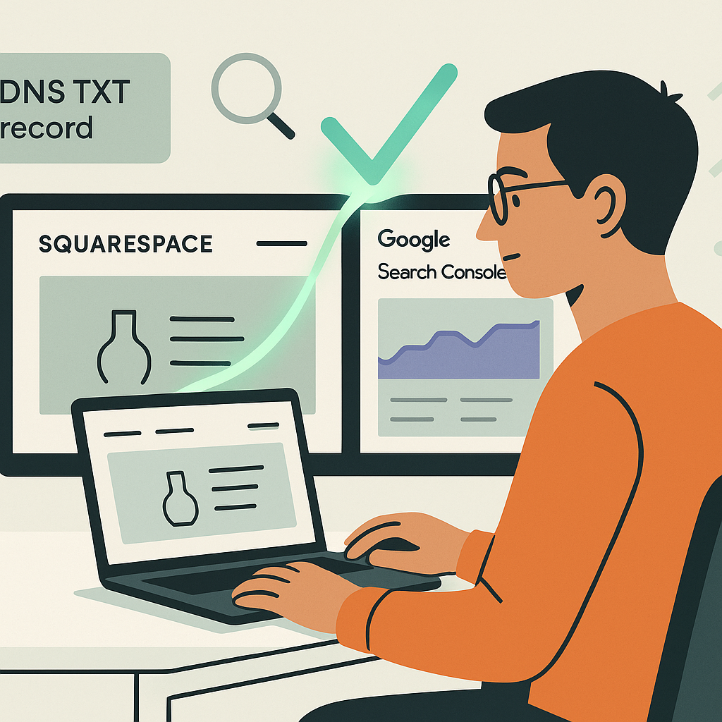 Person managing website with Squarespace and Google tools.