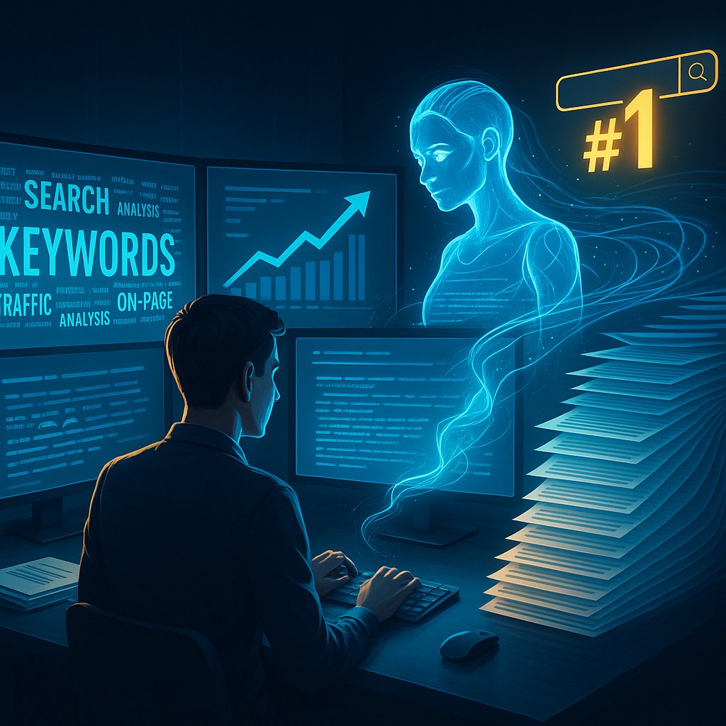 SEO specialist analyzing data with digital assistant