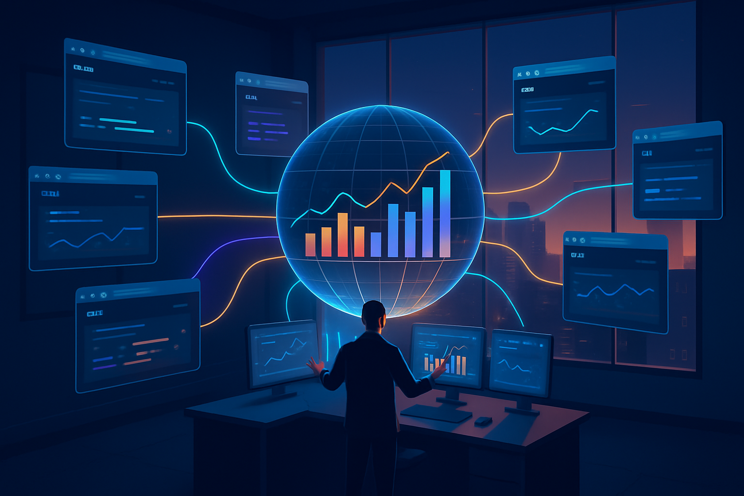 Analytics dashboard showing interconnected data visualizations.
