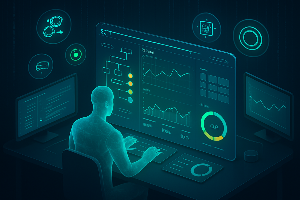 Person analyzing data on futuristic screens.