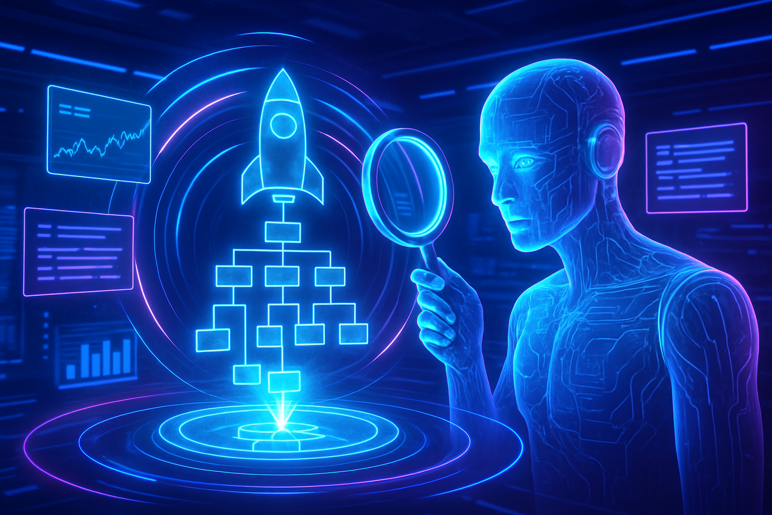 AI examining digital rocket and flowcharts.