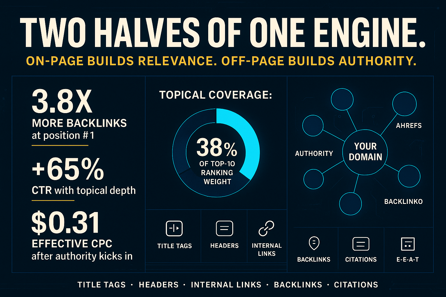 SEO on-page relevance and off-page authority infographic.