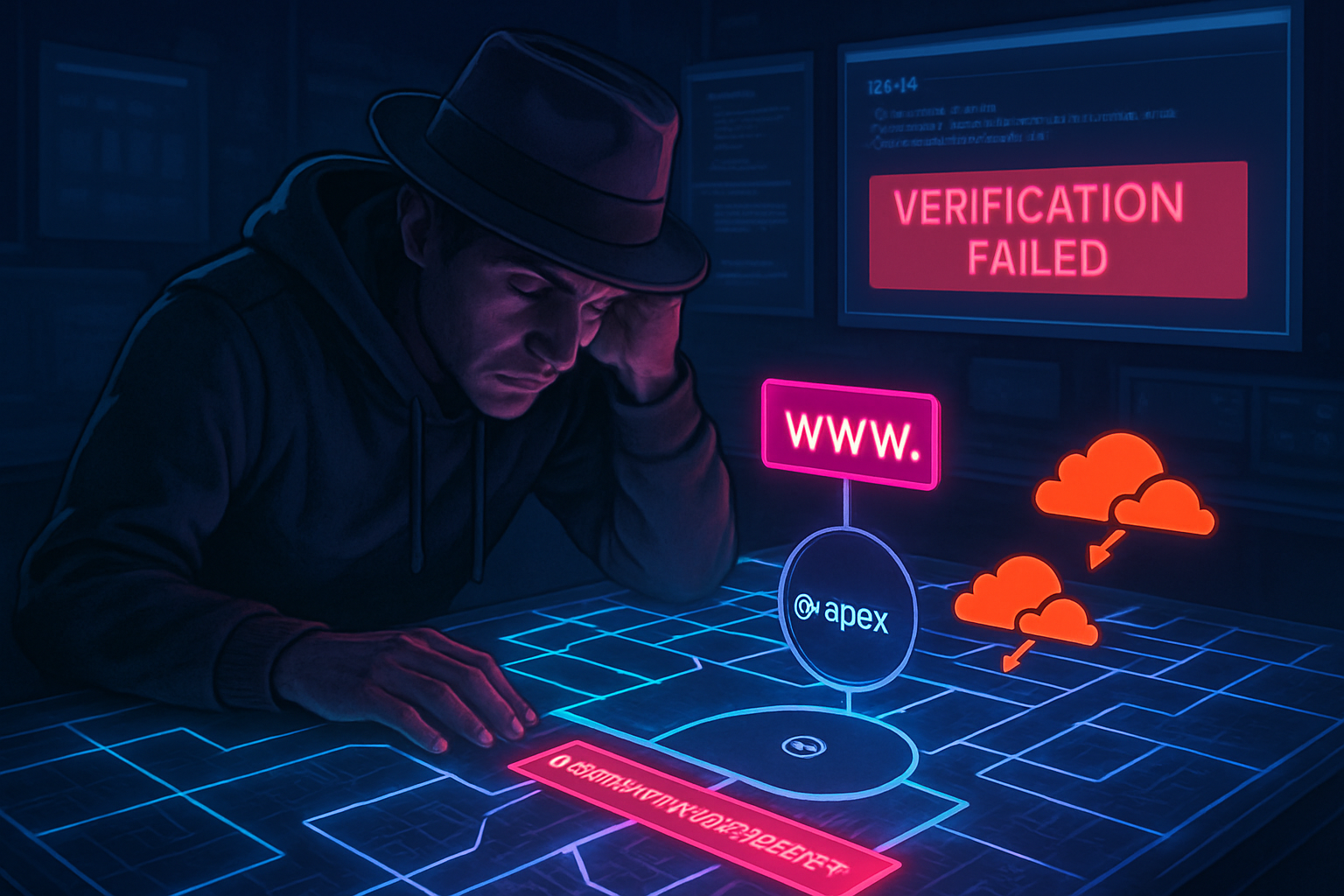 Hacker facing verification failure in dark room.