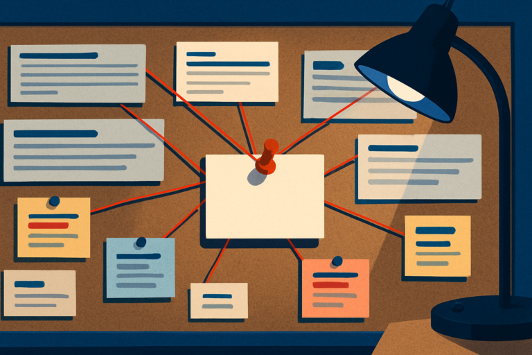 Illustration of a detective pinboard under lamp.