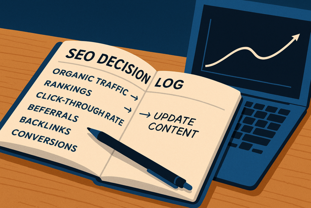 SEO decision log notebook beside laptop with growth chart