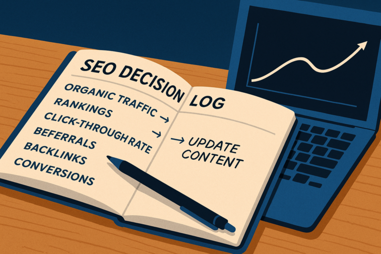 SEO decision log notebook beside laptop with growth chart