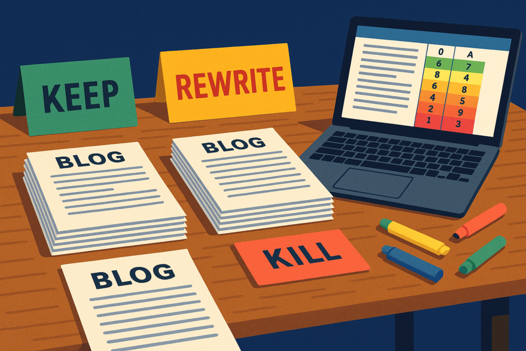 Blog content audit with keep, rewrite, kill categories