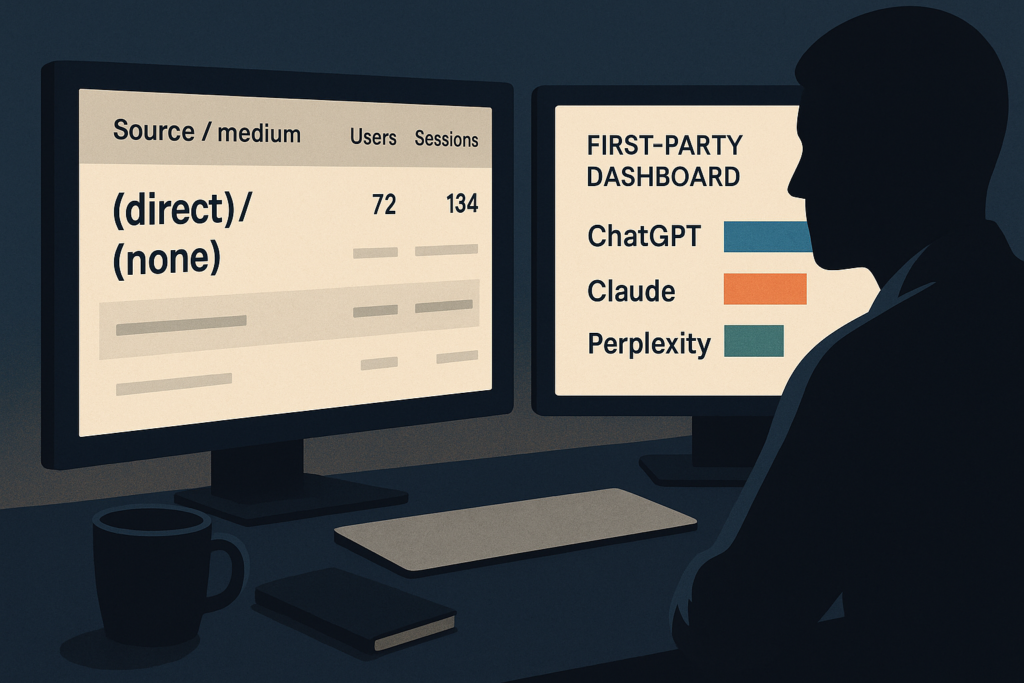 Person analyzing AI referral data on dual monitors