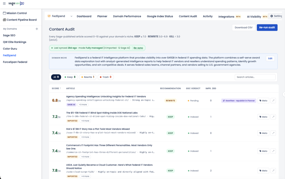 Sage Content Audit — every article scored against your niche